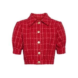 L'AGENCE Cove Cropped Tweed Jacket in Red & Hot Pink Plaid 10|L